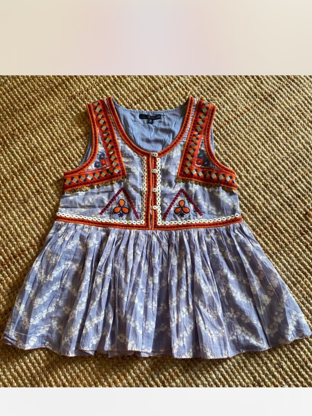 Indigo Moon Embroidered Coin Tie Dye Peplum Top Size Medium 100% Cotton
